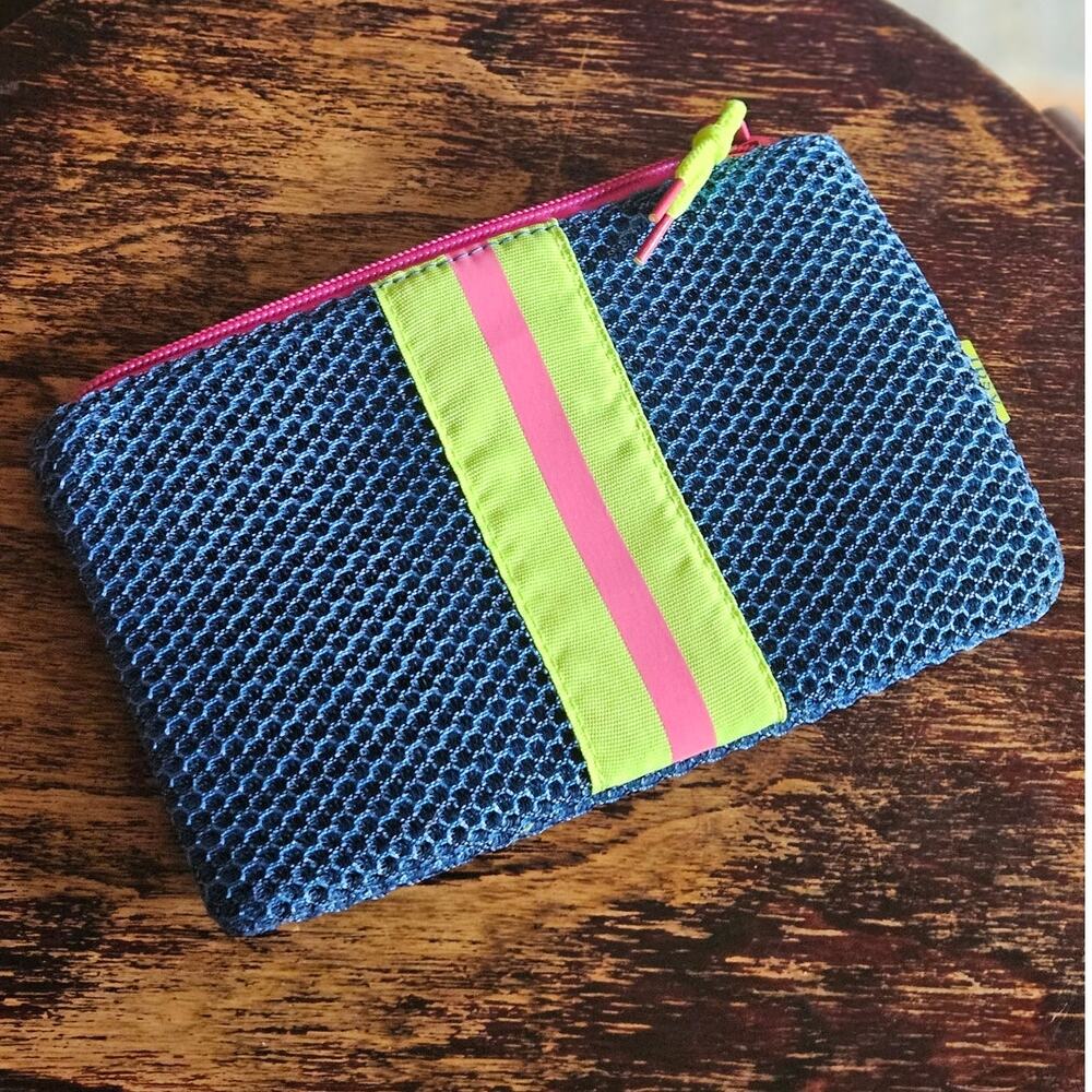 Ipsy Sporty Style Blue Mesh Neon Stripe Makeup Bag ~ NEW